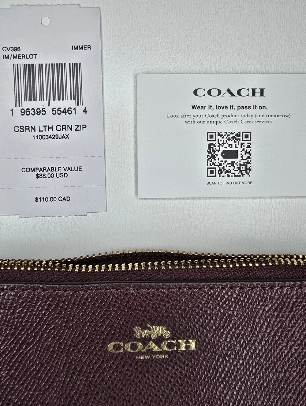 Coach Corner Zip Wristlet Crossgrain Leather Merlot Burgundy CV396 6